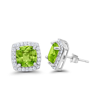 Halo Cushion Bridal Earrings Simulated Peridot CZ 925 Sterling Silver